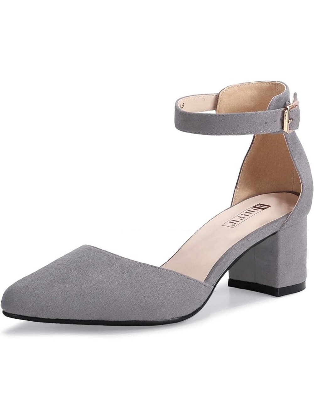 Women's Gray Suede Low Block Heels Pumps Chunky Closed Toe Ankle Strap Shoes